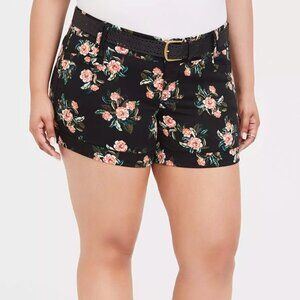 Torrid Sateen Belted Short - Black Floral - Pink Sz 24 NWT